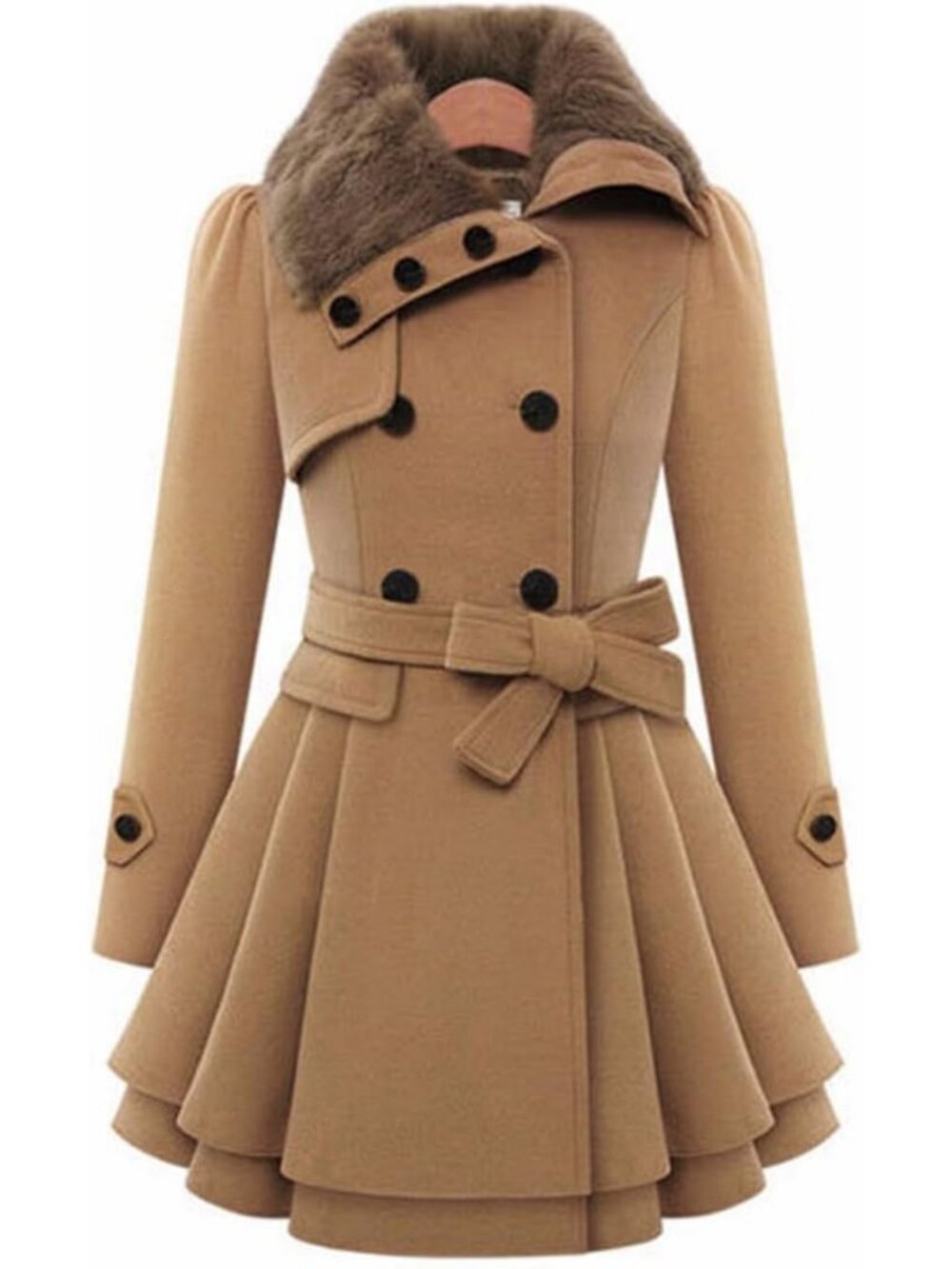 Chic Women's Faux Fur Peacoat, Double Breasted Flare Dress Trench Jacket